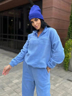 Damen Kuscheliges Fleece-Loungewear-Set mit Halb-Reißverschluss und elastischem Bund R&B