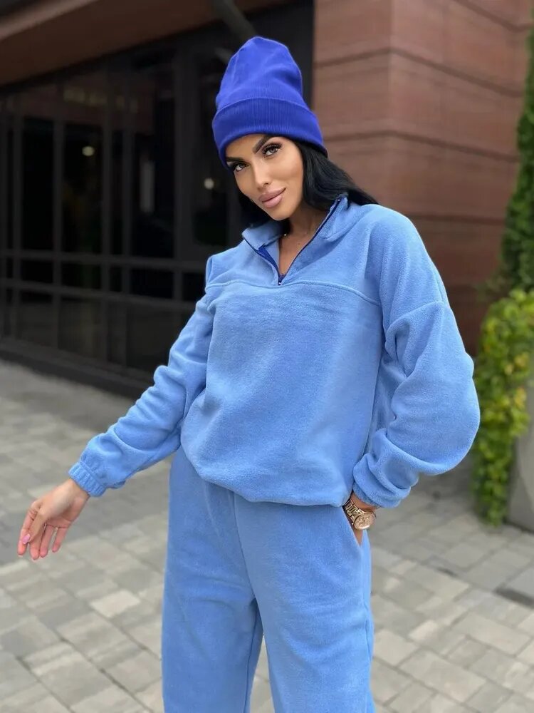 Damen Kuscheliges Fleece-Loungewear-Set mit Halb-Reißverschluss und elastischem Bund R&B