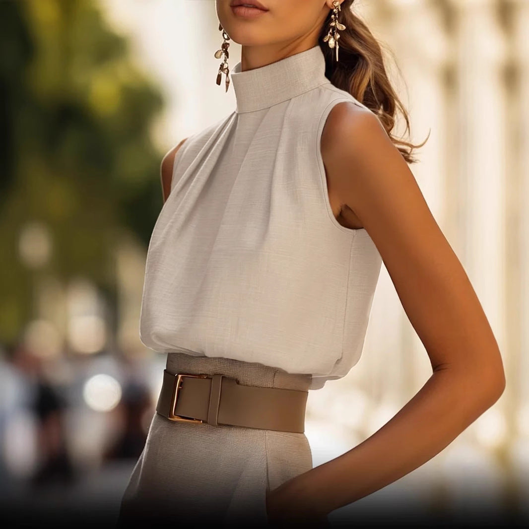 Damen Elegantes Blusenshirt mit Stehkragen und Faltenwurf R&B