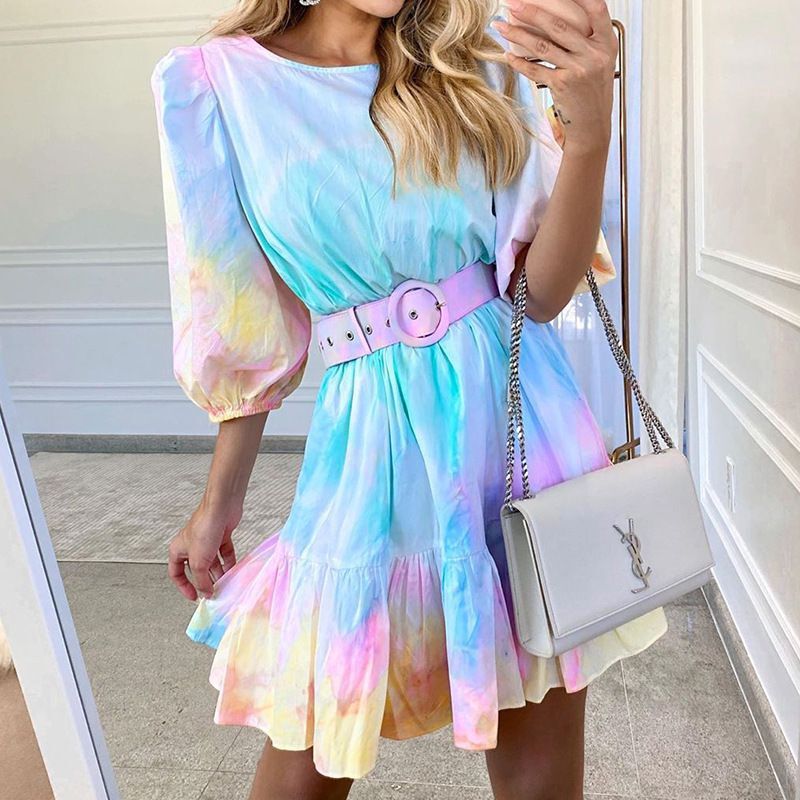Damen modernes Boho-Kleid mit strukturiertem Volant und Taillengürtel R&B
