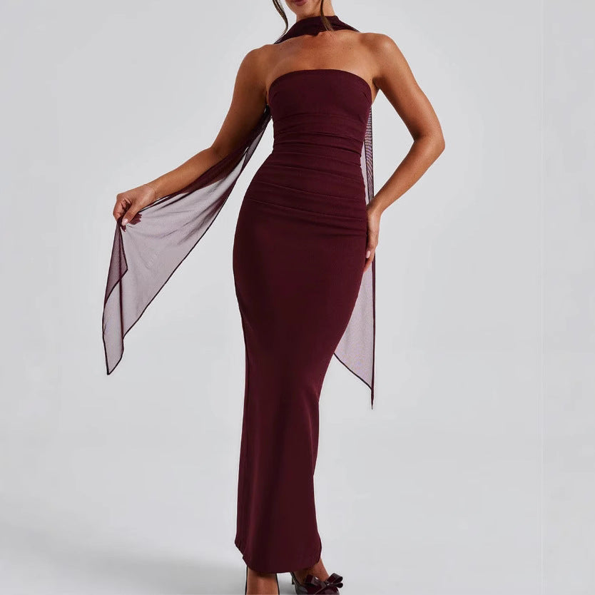 Damen Trägerloses Abendkleid mit raffiniertem Wickeldesign und zarten Chiffon-Ärmeln R&B