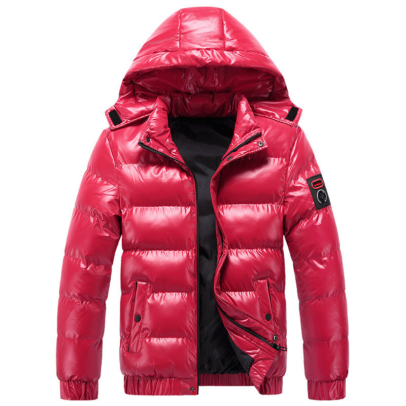 Herren glänzende Winterjacke mit isolierender Kapuze und modernen Steppdetails