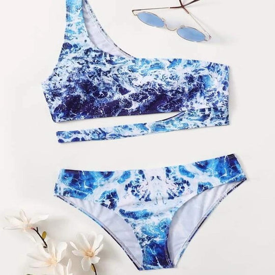 Damen Sport-Bikini mit asymmetrischem Schnitt und modischem Wasser-Motiv R&B