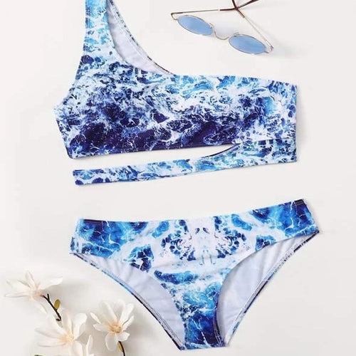 Damen Sport-Bikini mit asymmetrischem Schnitt und modischem Wasser-Motiv R&B