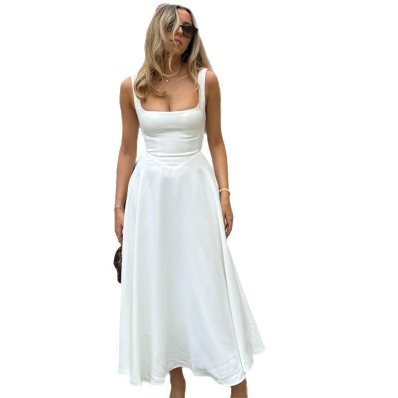 Damen Elegantes Maxikleid mit quadratischem Ausschnitt und fließendem Rock R&B
