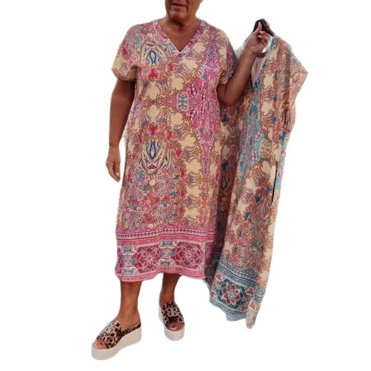 Damen nan luftiges V-Ausschnitt-Kleid im Paisley-Print mit Eingrifftaschen und passendem Pareo R&B
