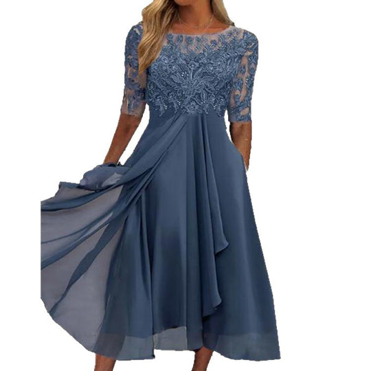 Damen elegantes Cocktailkleid mit floralem Spitzenoberteil und fließendem Rock Heidi-Mode