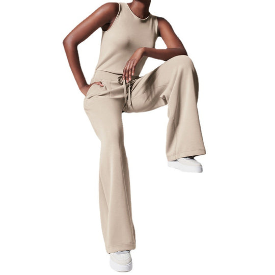Damen nan ärmelloser Strick-Overall mit weitem Palazzo-Bein, Kordelbund und aufgesetzten Taschen R&B
