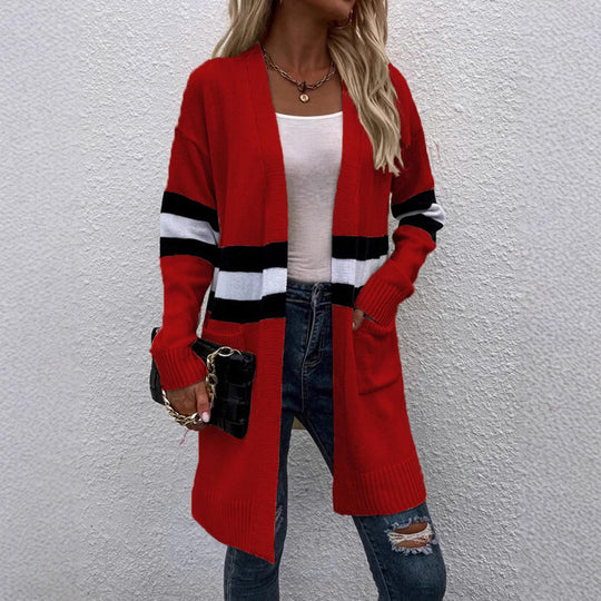 Damen Langarm Strickcardigan mit modernen Streifen und praktischen Taschen R&B