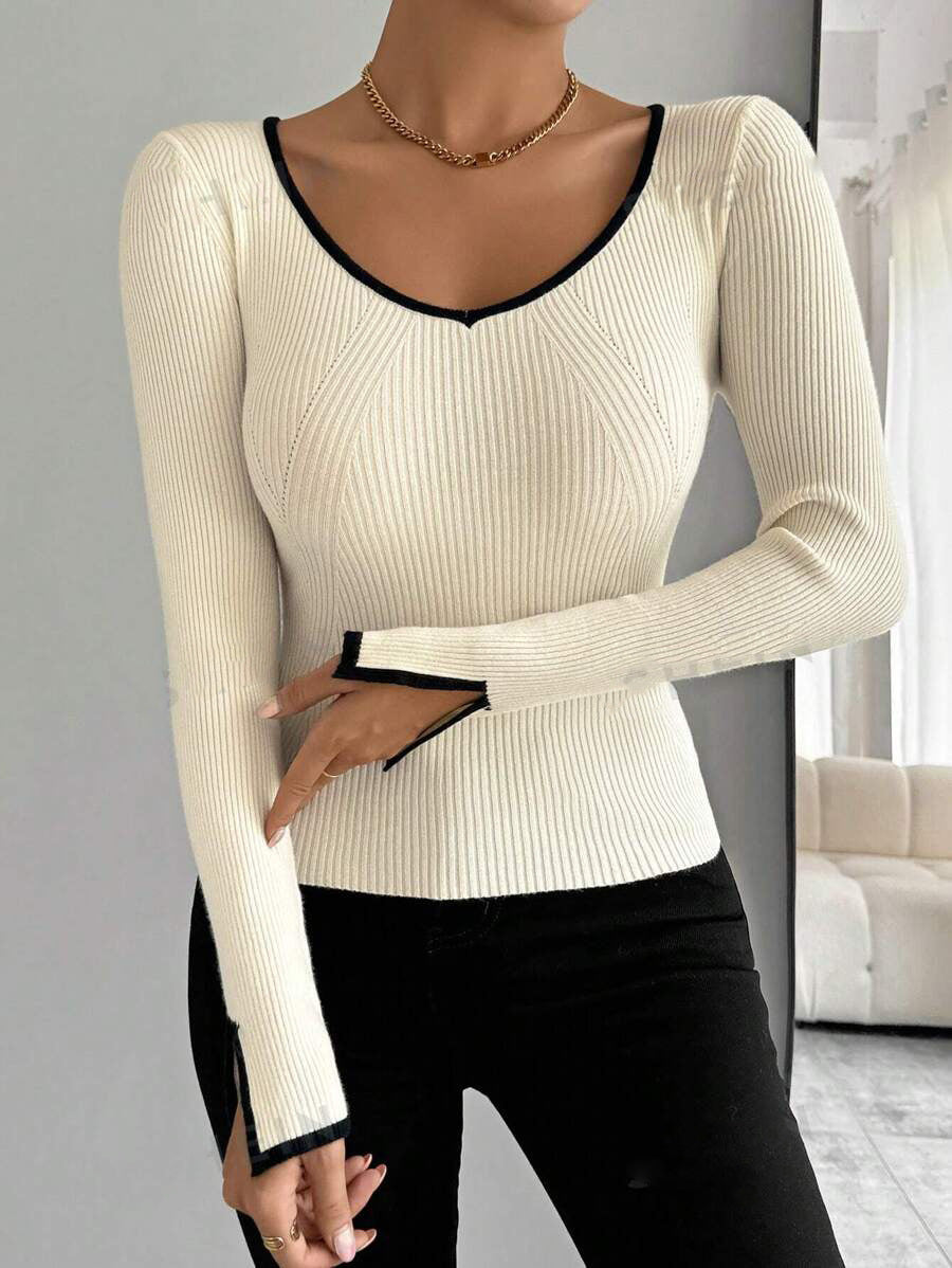 Damen modisches Strickoberteil mit tiefem V-Ausschnitt und eleganter Rippstruktur R&B