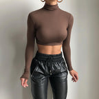 Damen Hochwertiges langärmliges Crop-Top mit Stehkragen R&B