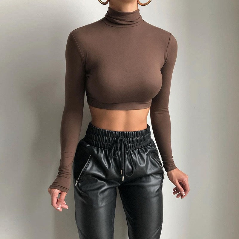 Damen Hochwertiges langärmliges Crop-Top mit Stehkragen R&B