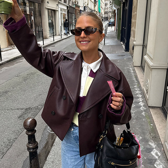 Damen modische Kunstlederjacke mit doppelter Knopfleiste R&B