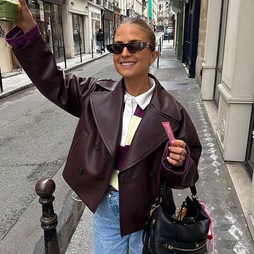 Damen modische Kunstlederjacke mit doppelter Knopfleiste R&B