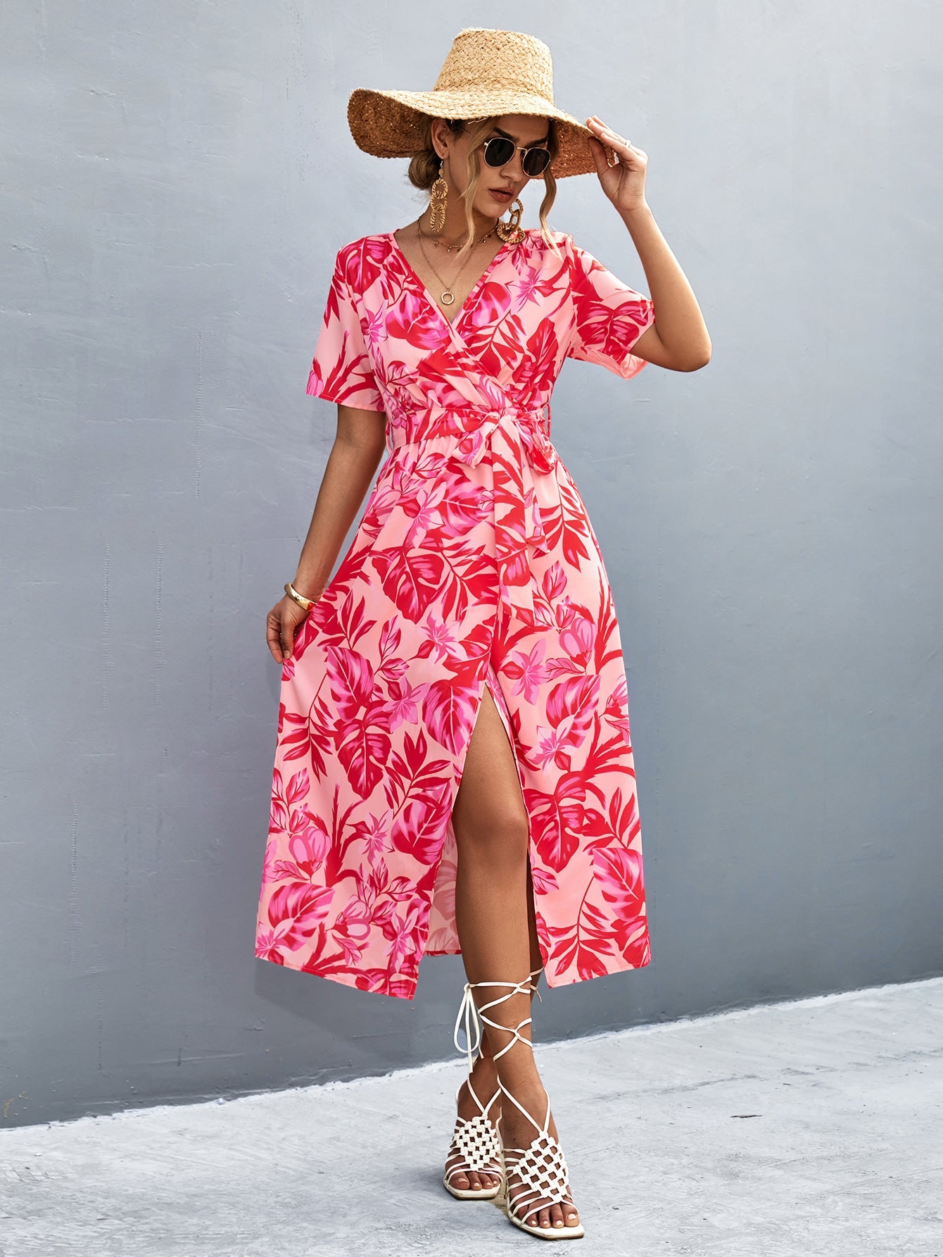 Damen Wickelmaxikleid mit floralem Muster und eleganter Schärpe R&B