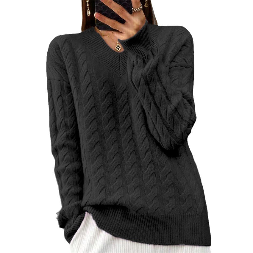 Damen nan weich fallender Zopfmuster-Pullover mit V-Ausschnitt, Oversize-Schnitt und geripptem Saum R&B