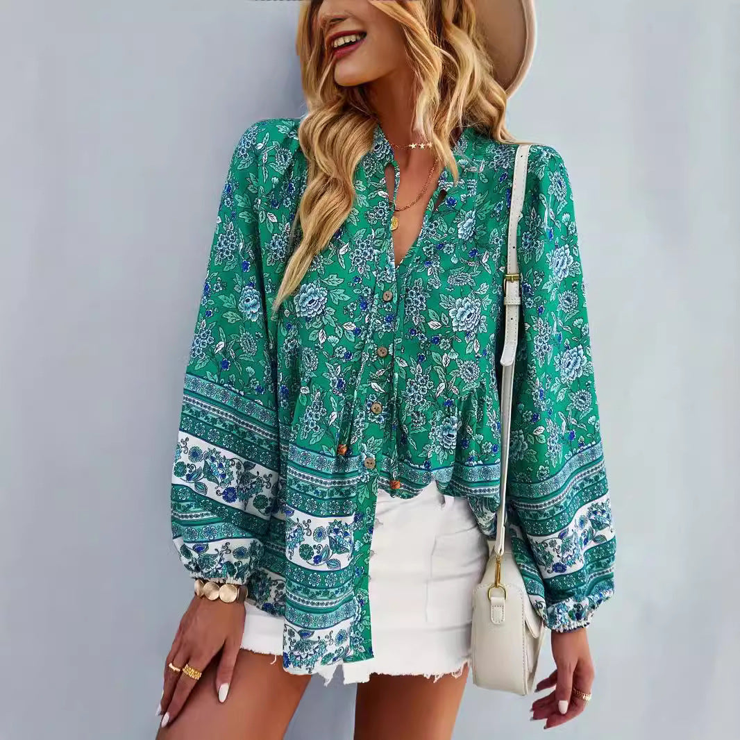 Damen Blusentop mit buntem Blumenmuster und Volantärmeln R&B