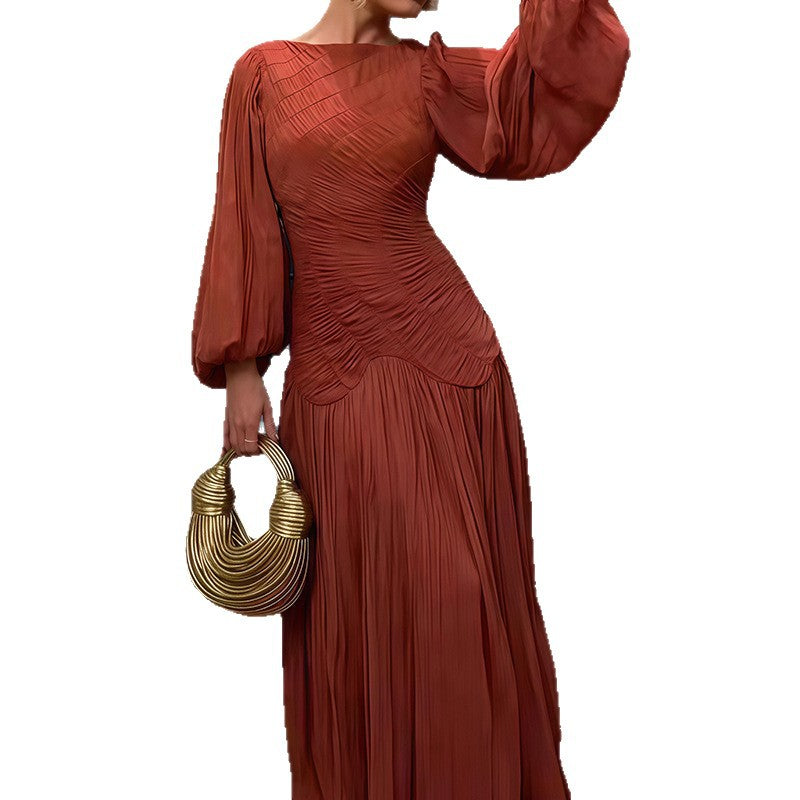 Damen Elegantes Plissiertes Maxikleid mit Raffungen und langen Ärmeln R&B