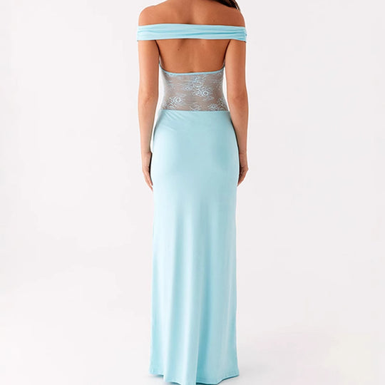Damen Elegantes Off-Shoulder Maxikleid mit transparentem Spitzen-Oberteil und schmalem elastischem Saum R&B