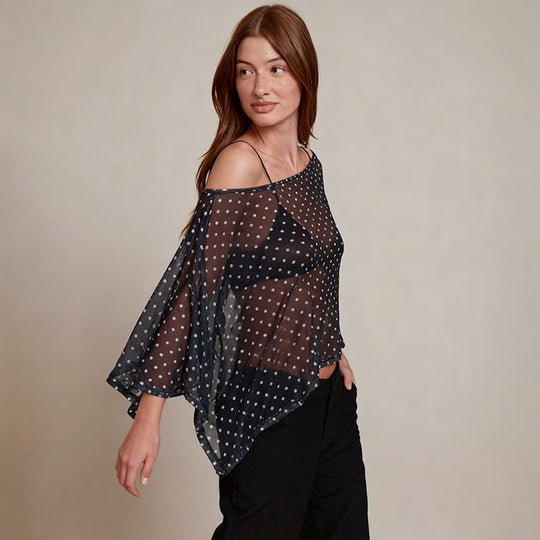 Damen transparentes Oberteil mit asymmetrischem Schnitt und Polka-Dots R&B