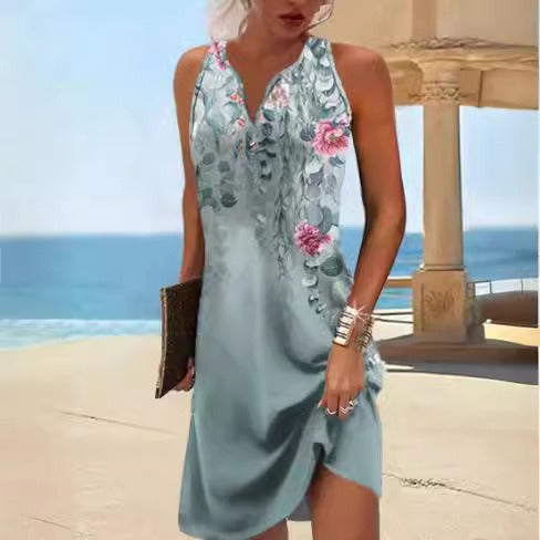 Damen, lässiges Sommerkleid mit V-Ausschnitt und asymmetrischem Saum R&B
