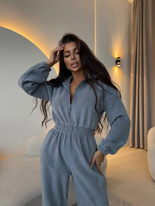 Damen lässiger Jumpsuit mit hohem Kragen und verstellbarem Bund R&B