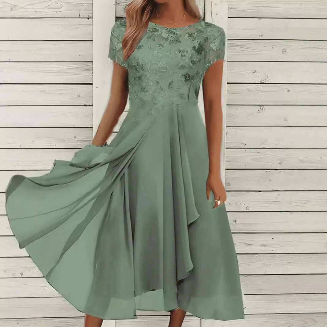 Damen nan fließendes Chiffon-Midikleid mit blumenbesticktem Oberteil und asymmetrischem Stufenrock R&B