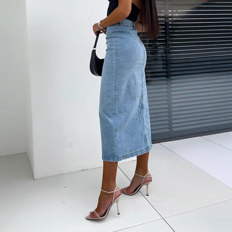 Damen Denim-Midirock mit seitlichem Schlitz und Knopfdetails R&B