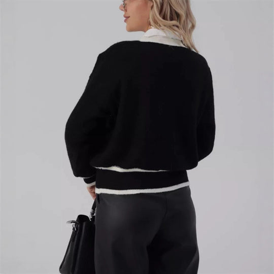 Damen Elegante Strickjacke mit Perlenknöpfen und Kontrastdetails R&B