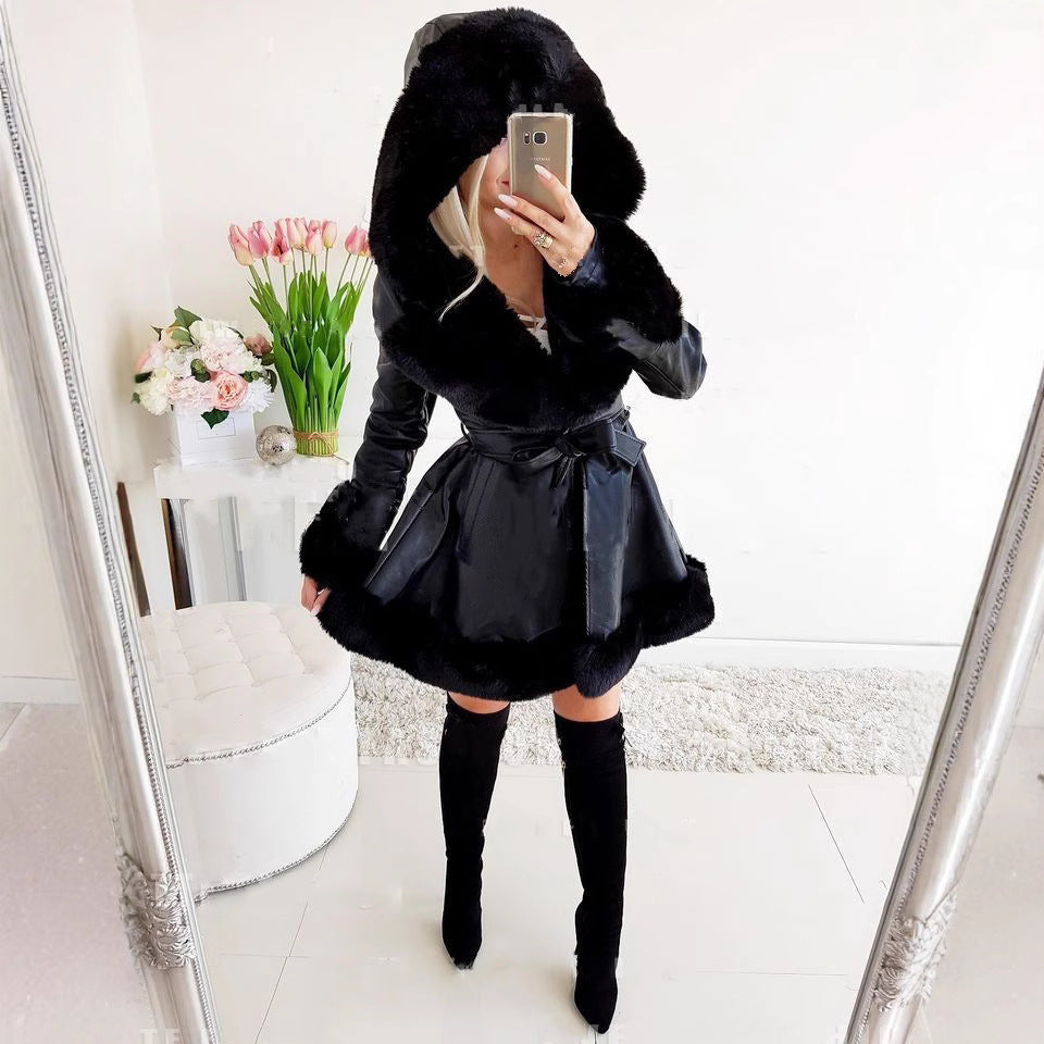 Damen modische Kunstlederjacke mit Teddyfutter R&B