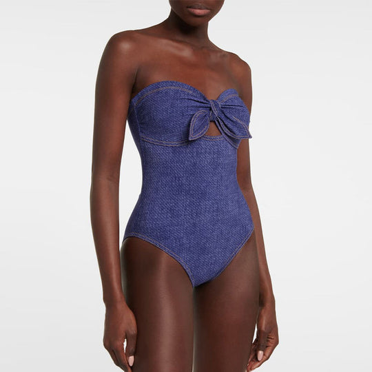 Damen Bandeau Badeanzug mit dekorativen Schleifen und gestreiftem Maxiröckchen R&B
