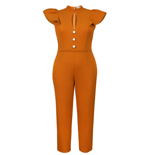 Damen eleganter Jumpsuit mit Rüschärmeln und dekorativen Knöpfen R&B