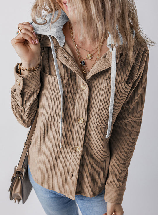Damen lässige Rippenstruktur Hemdjacke mit Kapuze R&B