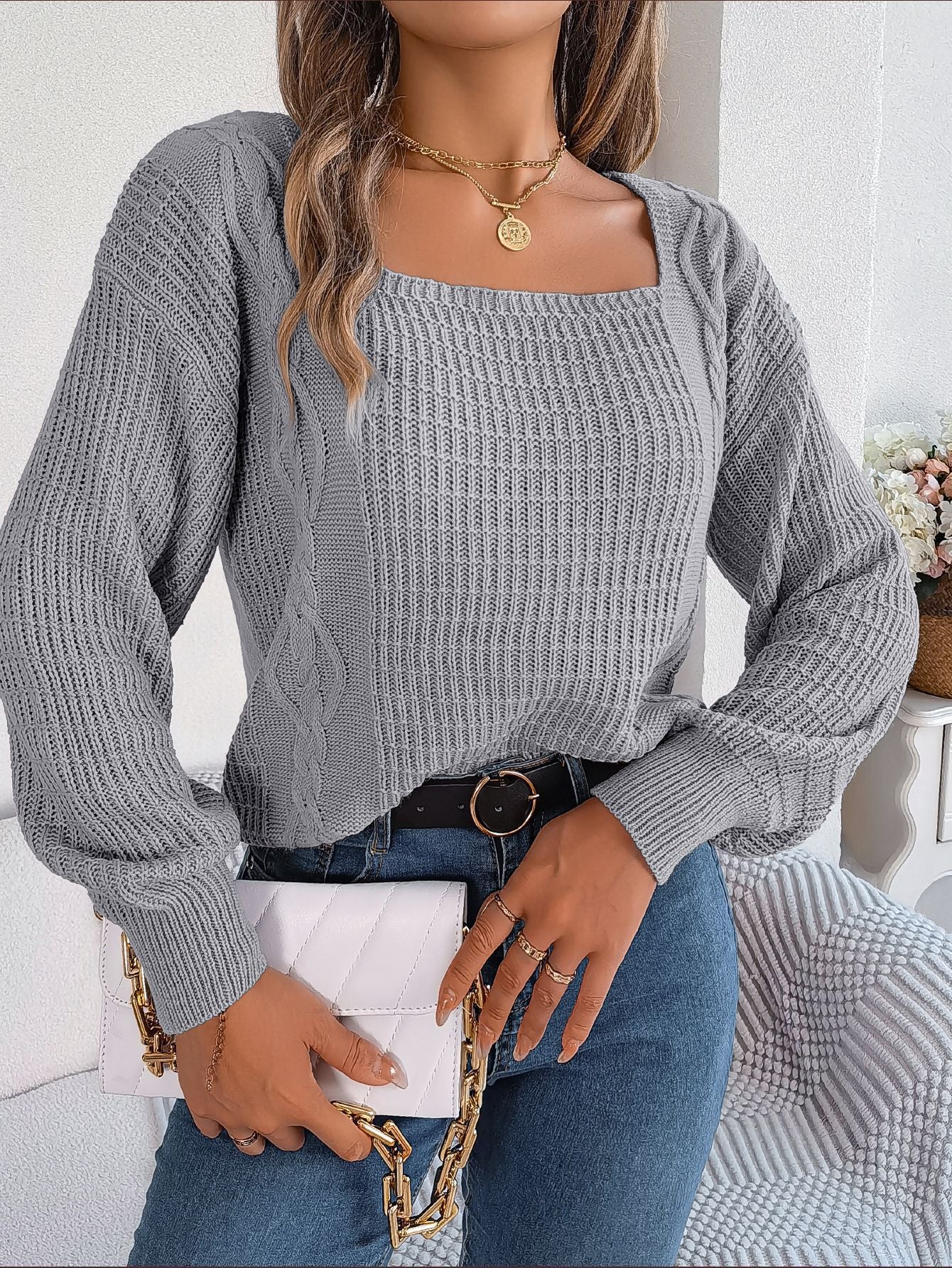 Damen Grobstrickpullover mit quadratischem Ausschnitt und voluminösen Ärmeln R&B
