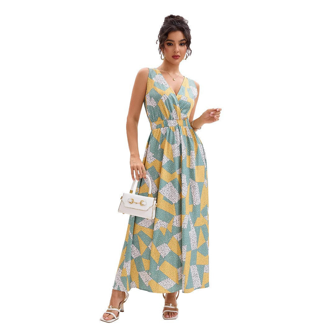 Damen Maxikleid mit tiefem V-Ausschnitt und modischem geometrischen Muster R&B
