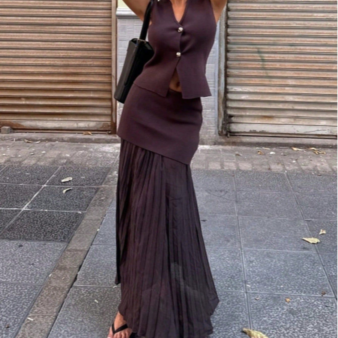 Damen elegantes Strick-Set mit asymmetrischem Rock und ärmelloser Weste R&B