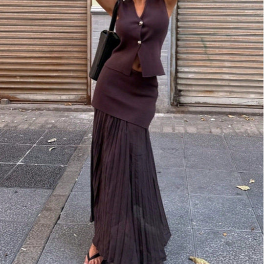 Damen elegantes Strick-Set mit asymmetrischem Rock und ärmelloser Weste R&B