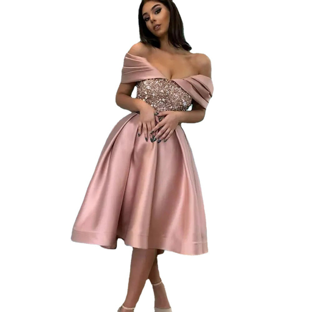 Damen Glamouröses Abendkleid mit schimmerndem Oberteil und Flügelärmeln R&B