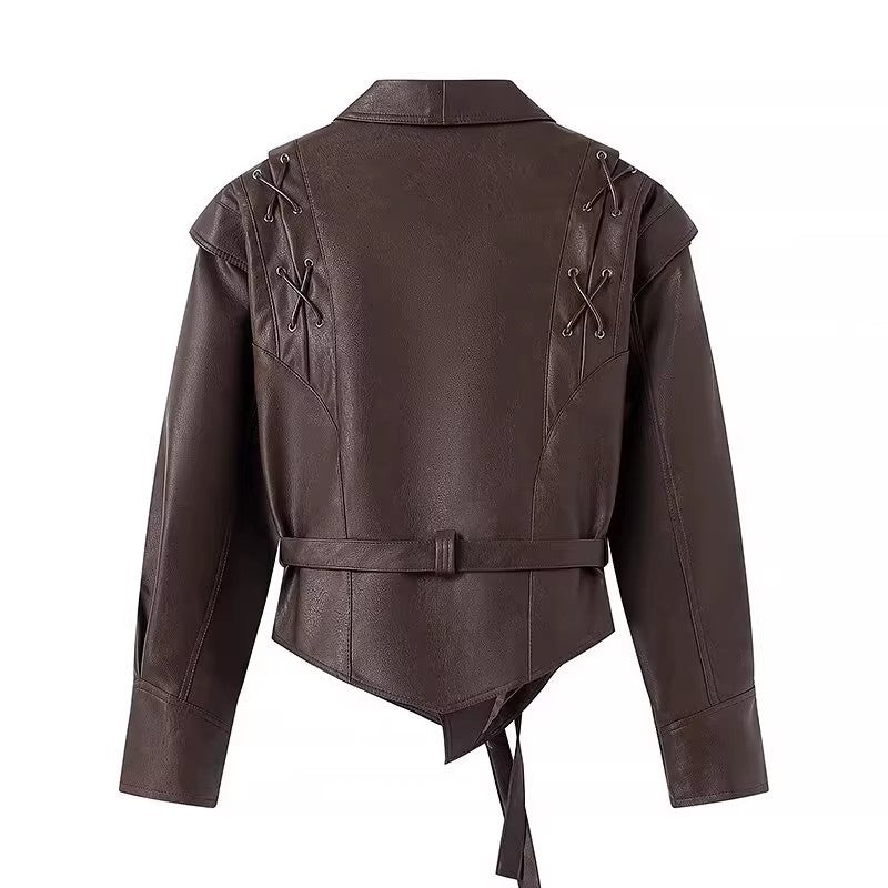 Damen Kunstlederjacke mit edlem Bindegürtel und raffinierten Schnürdetails R&B