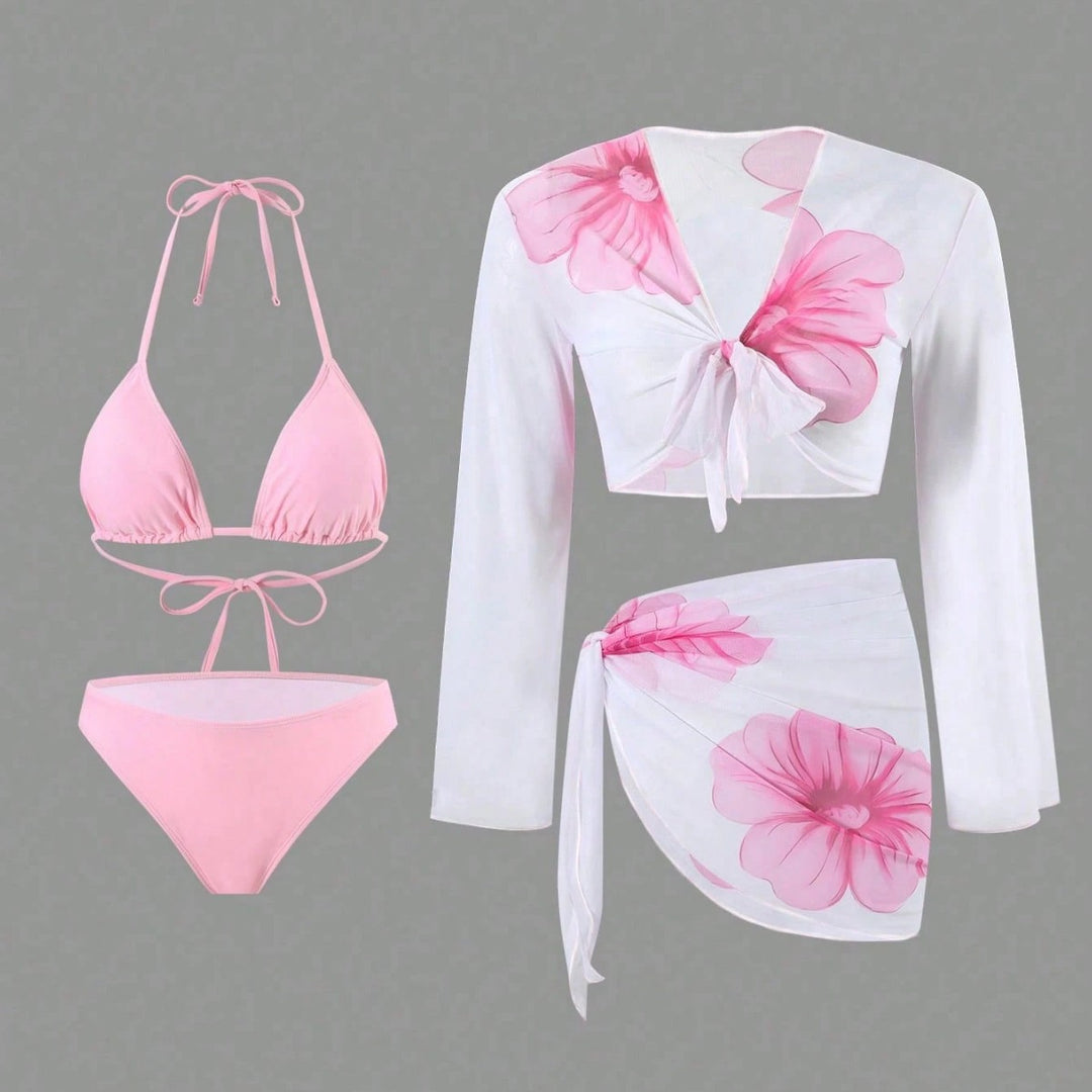 Damen Bikiniset mit floralem Wickeloberteil und hoch geschnittener Hose R&B
