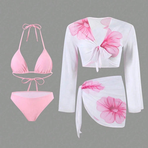 Damen Bikiniset mit floralem Wickeloberteil und hoch geschnittener Hose R&B