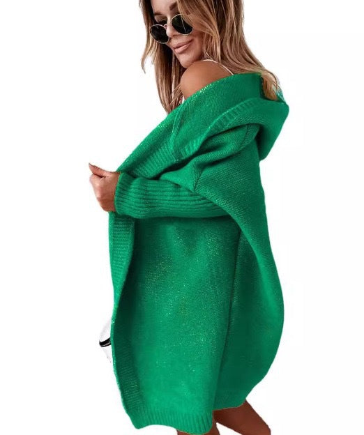 Damen gemütlicher Strickcardigan mit Kapuze und weit geschnittenen Ärmeln R&B