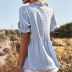 Damen luftige Bluse mit Rüschendetails und V-Ausschnitt R&B