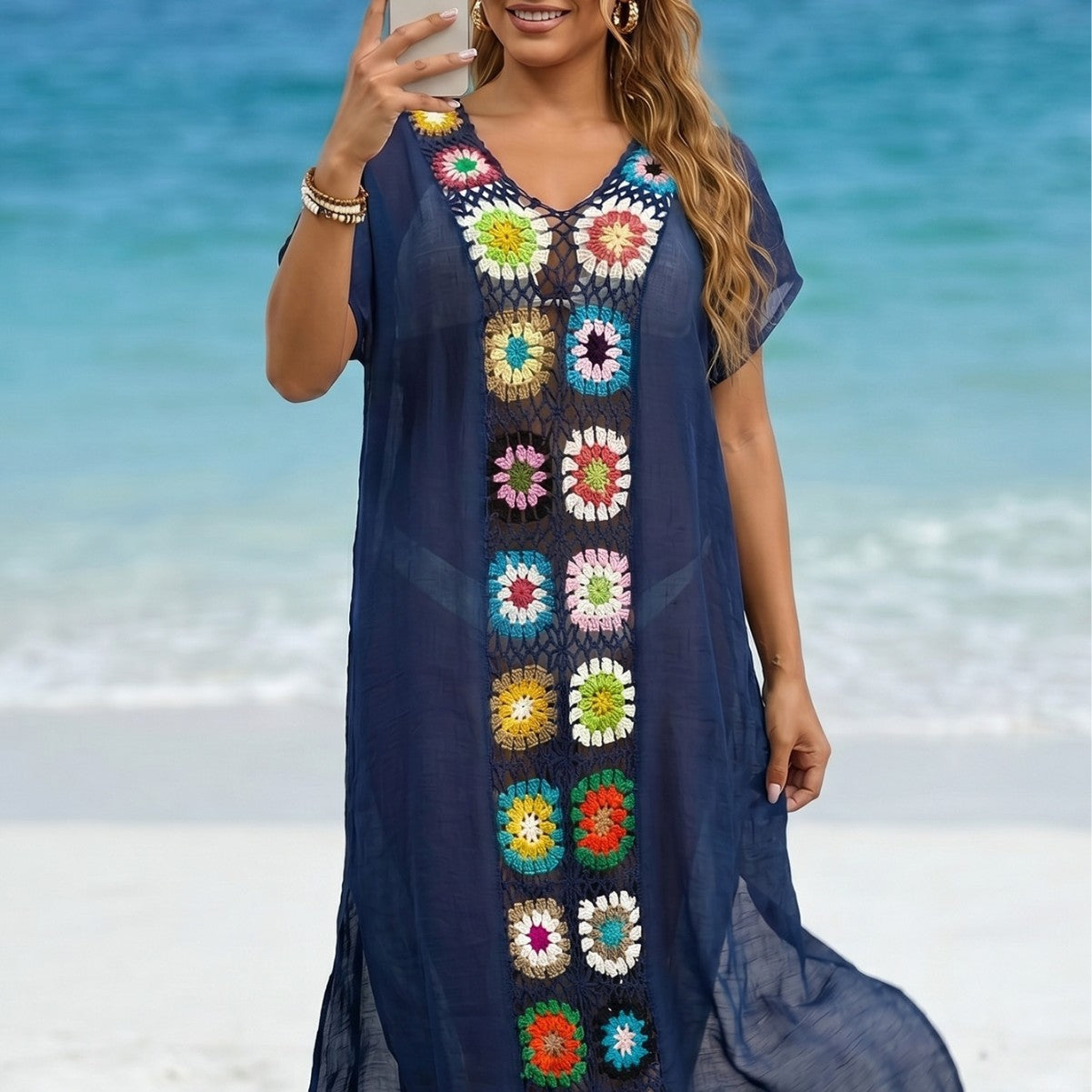 Damen Häkel-Strandkimono mit floralem Patchwork-Design R&B