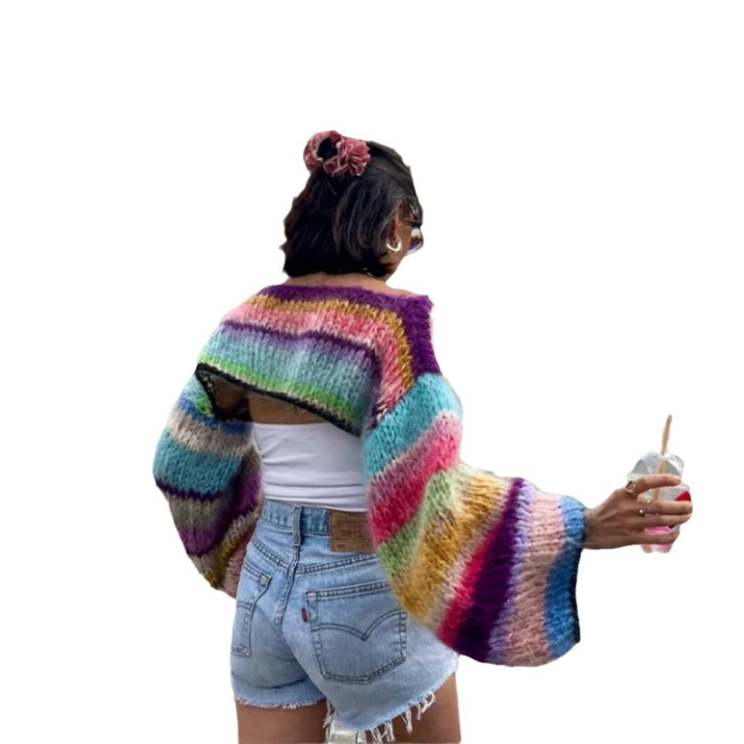 Damen Strickpullover im bunten Design mit weiten Ärmeln R&B