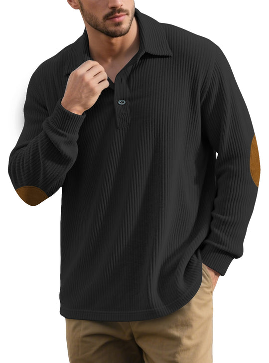 Herren nan gerippter Freizeit-Polo mit Kentkragen, kurzer Knopfleiste und Velours-Ellenbogenpatch R&B