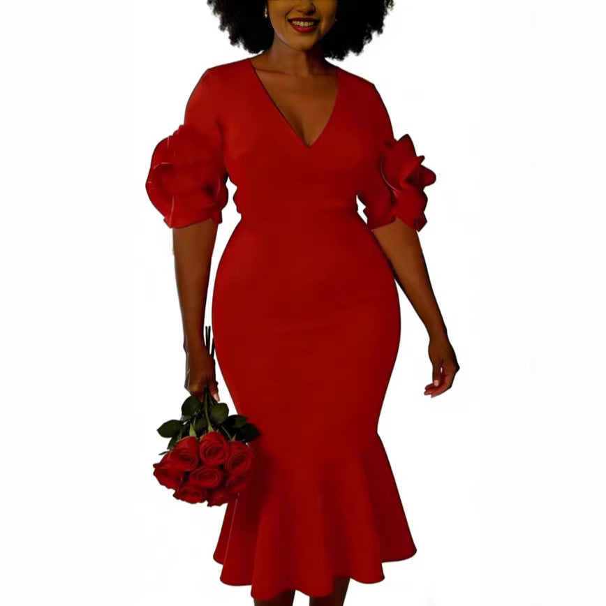 Damen figurbetontes Kleid mit Volantärmeln und Spitzen-Akzenten R&B