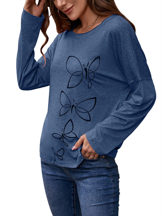 Damen lässiges Longsleeve mit Schmetterlingsdruck und weit geschnittenen Ärmeln R&B