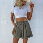 Damen elegante Bundfalten-Shorts mit Gürtel R&B
