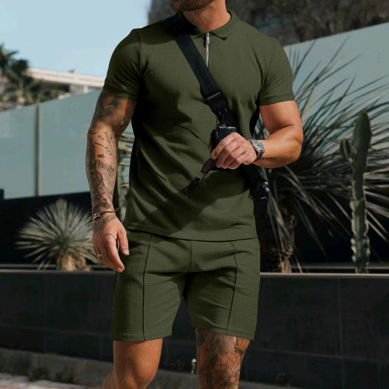 Herren nan sportives Poloshirt- und Chino-Shorts-Set mit halbem Reißverschluss, strukturiertem Jersey und dezenter Bügelfalte R&B